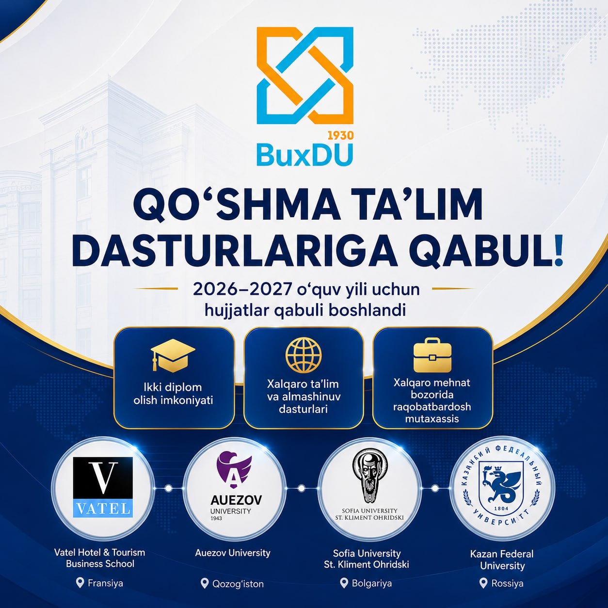 Buxoro davlat universitetida qo‘shma ta’lim dasturlariga qabul davom etmoqda